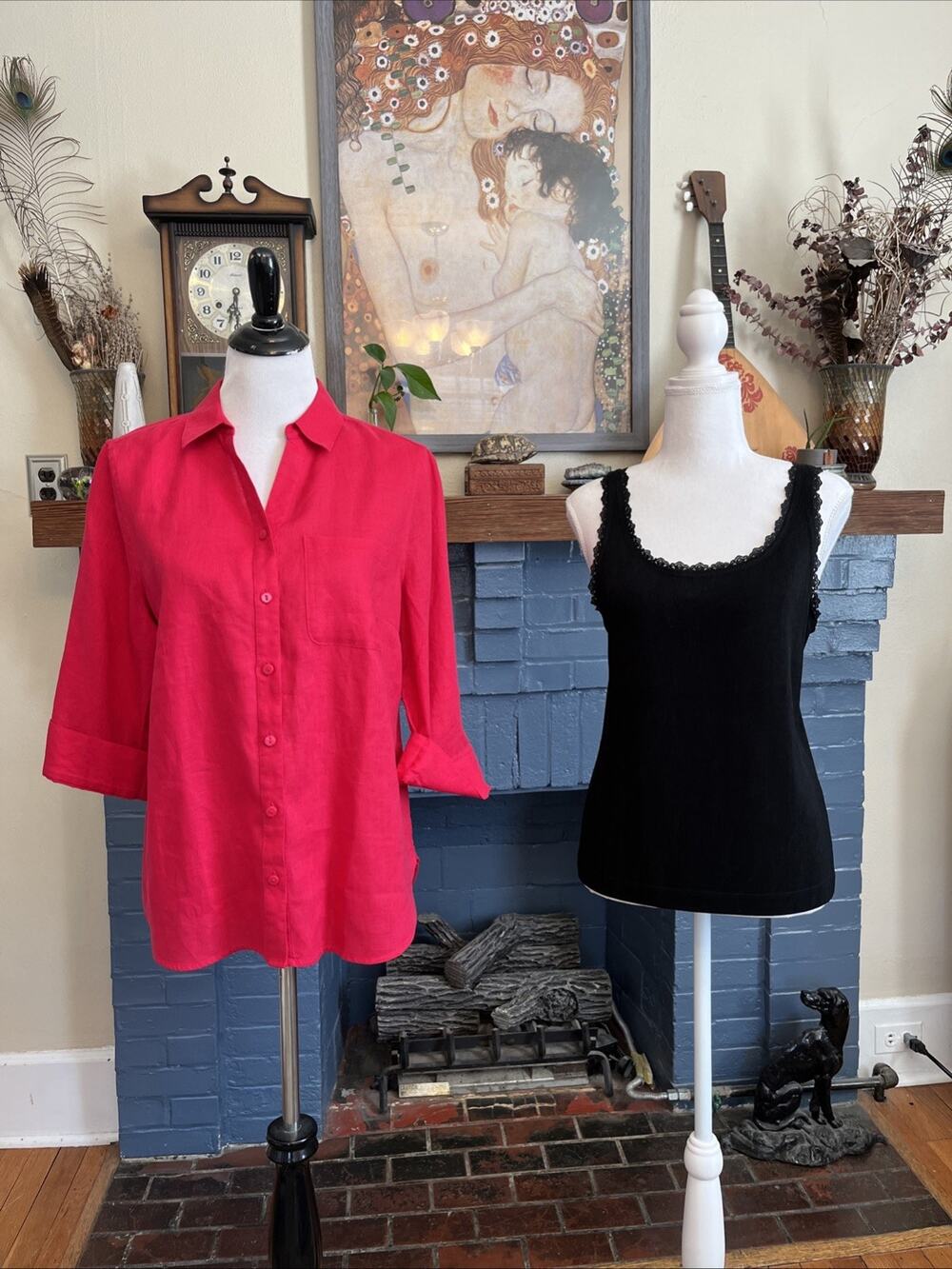 Chico's 1 Pink 100% Linen No Iron Button Front Shirt Black Lace Cami Lot Of 2 M
